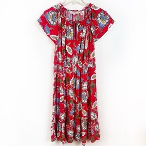 Loft Red Floral Midi Dress Medium Tiered Ruffle Office Career Church Party